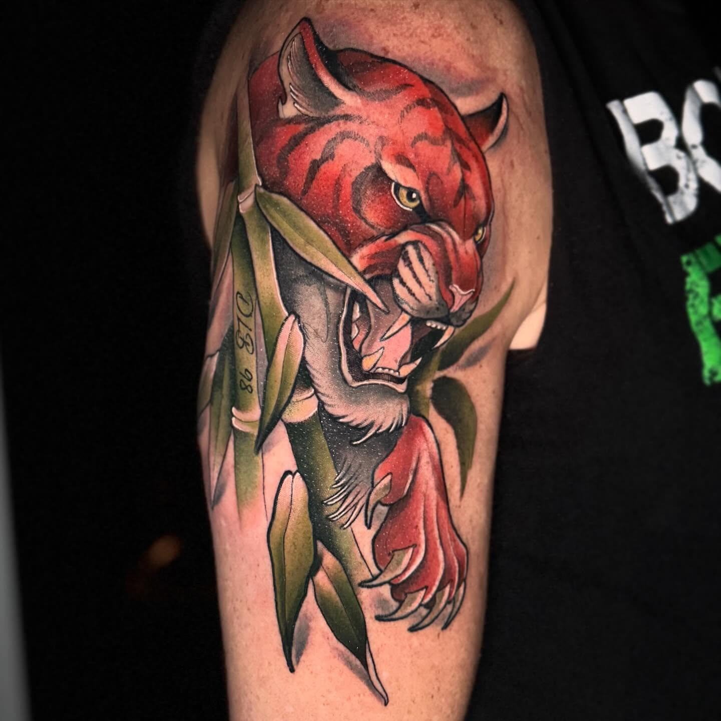 Red tiger realism tattoo on the forearm by 🕯Heather🕯