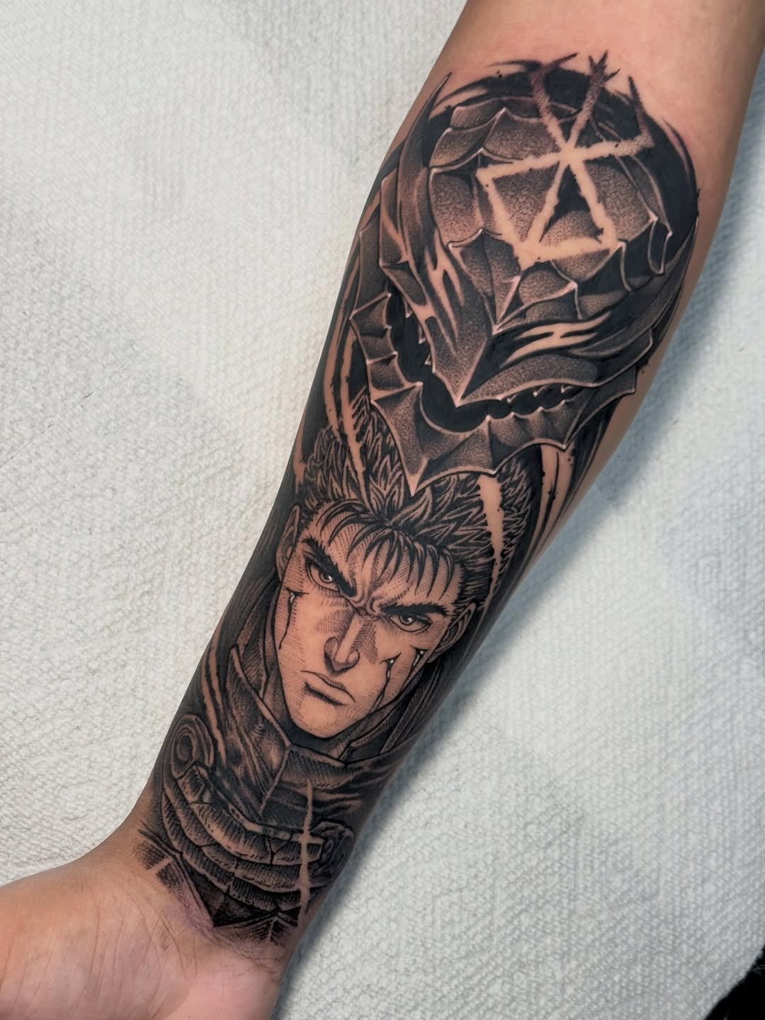 Tattoo by @inkbygabe — anime, black_and_grey
