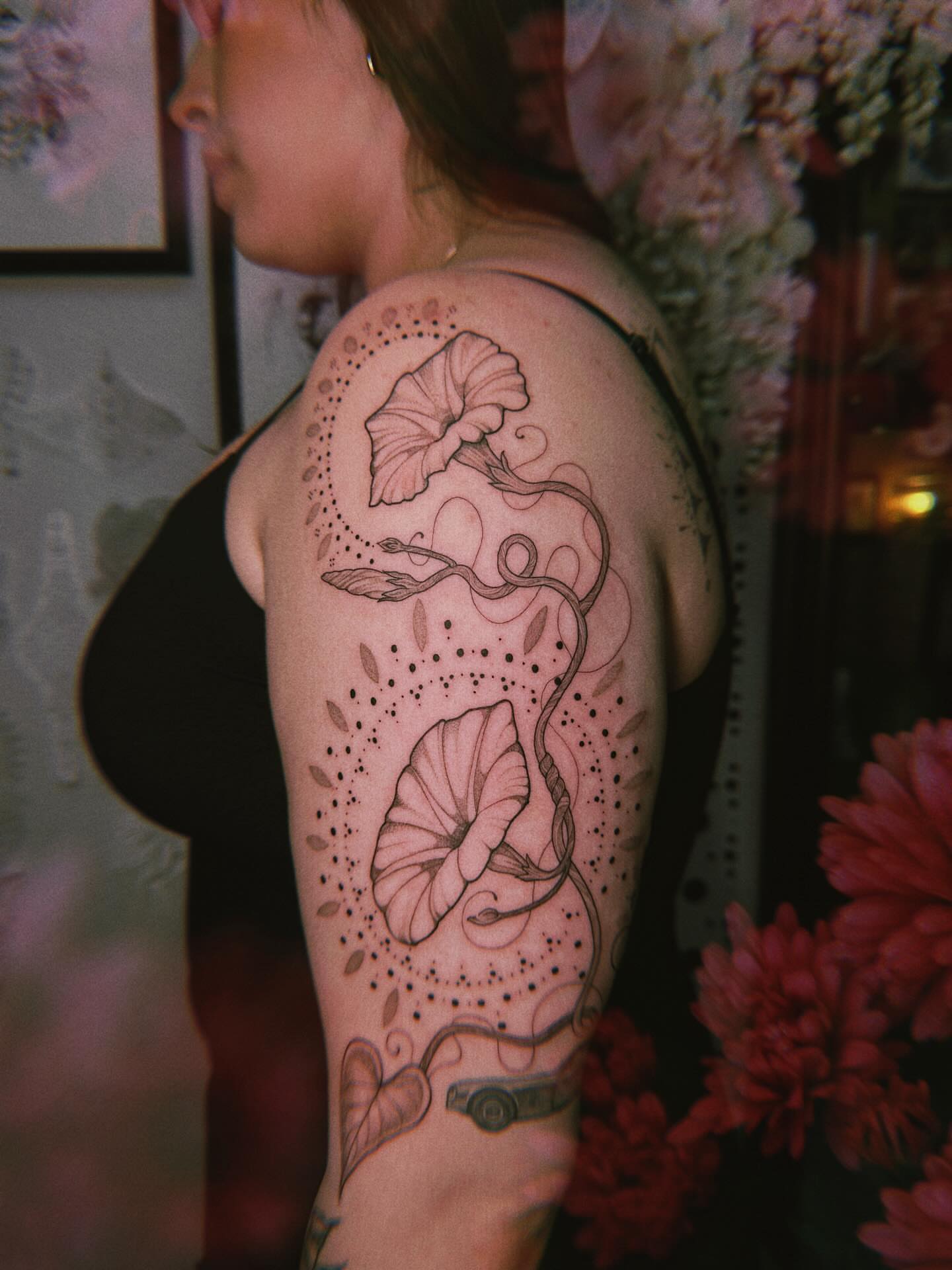 Tattoo by @mushrooomqueen — dotwork, black_and_grey