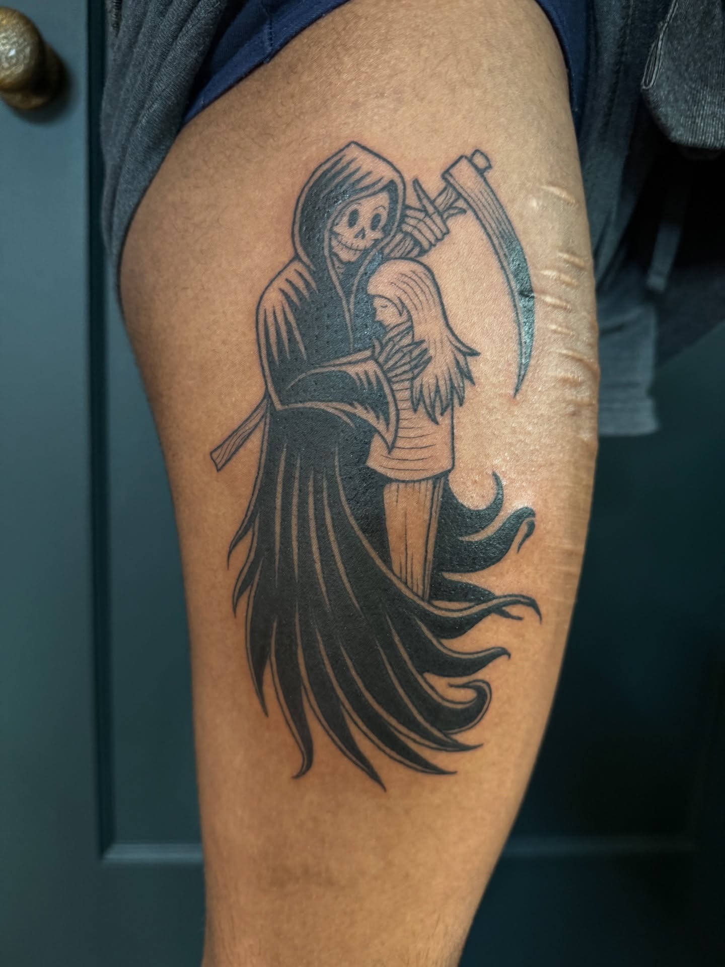 Grim reaper black and grey tattoo on the thigh by Paul DeVay