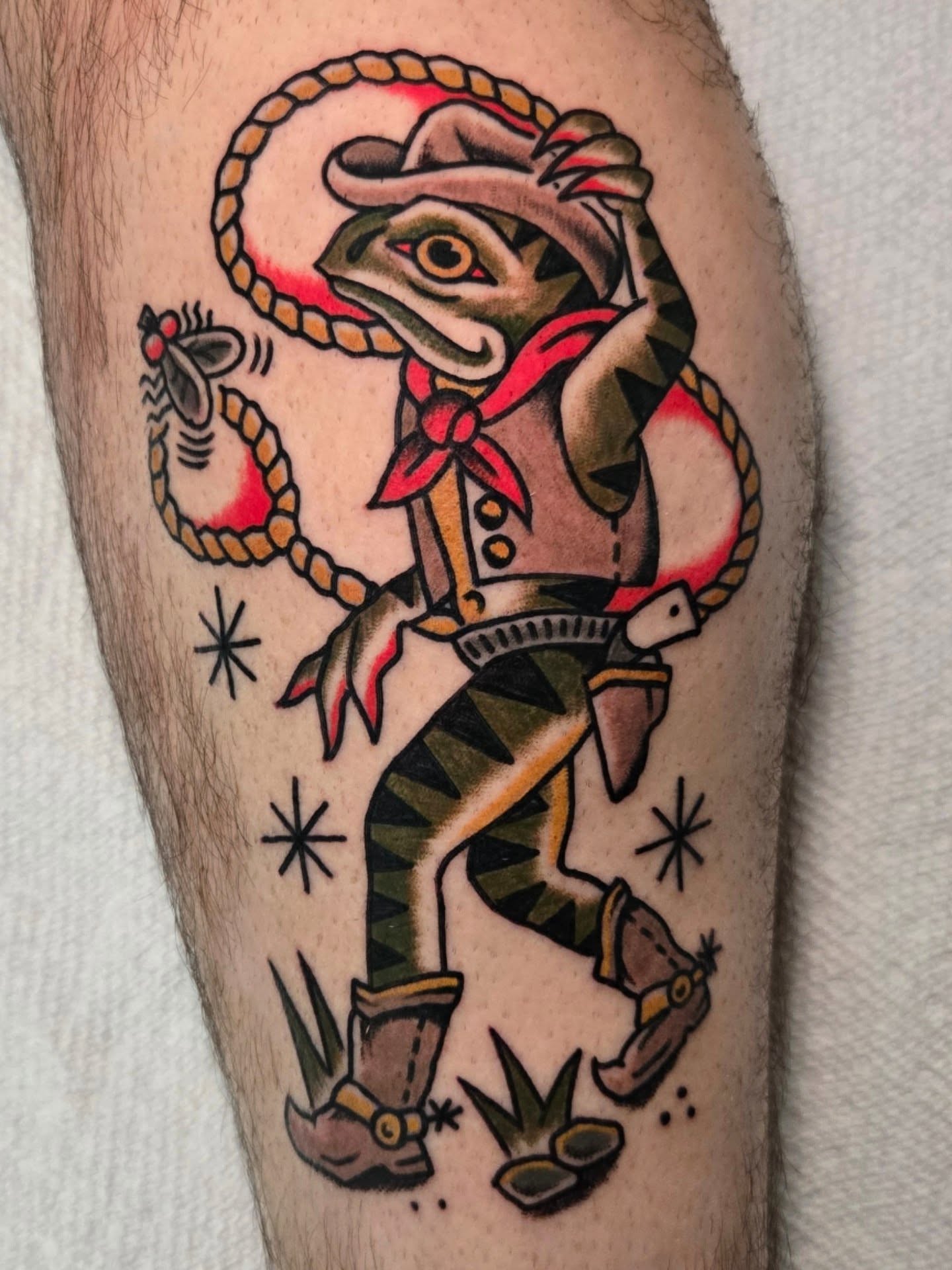 Lizard cowboy American traditional tattoo on the forearm by Brenn