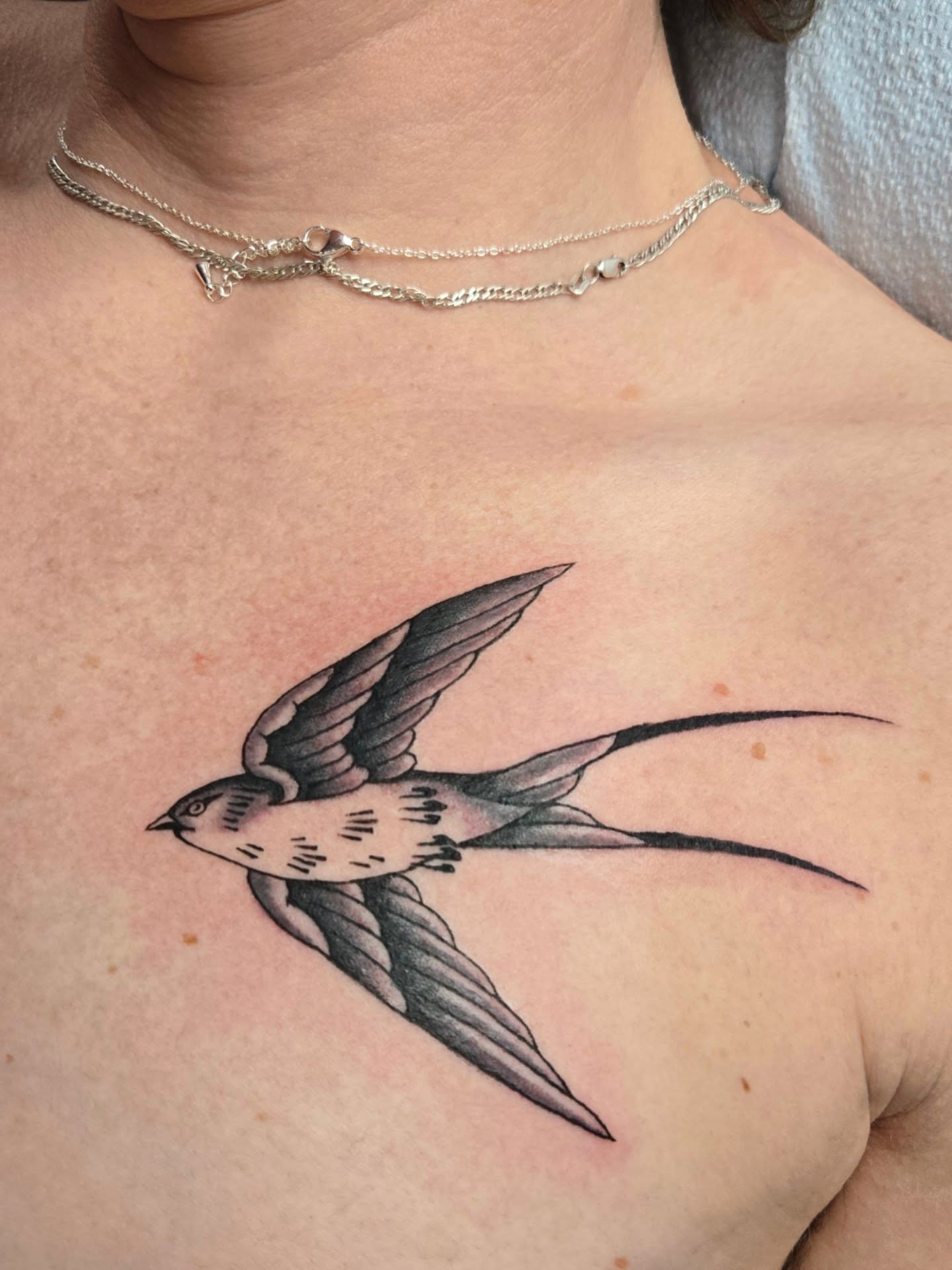 Swallow black and grey tattoo on the chest by Brenn
