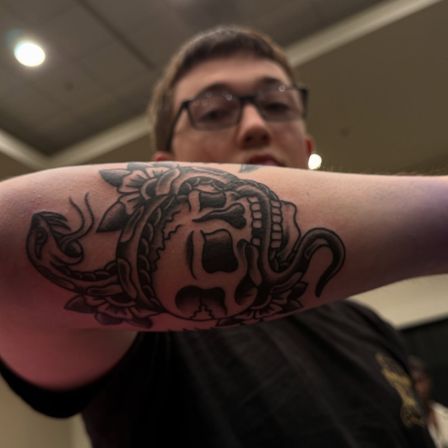 Skull black and grey tattoo on the forearm by Eva, Matawan, New Jersey
