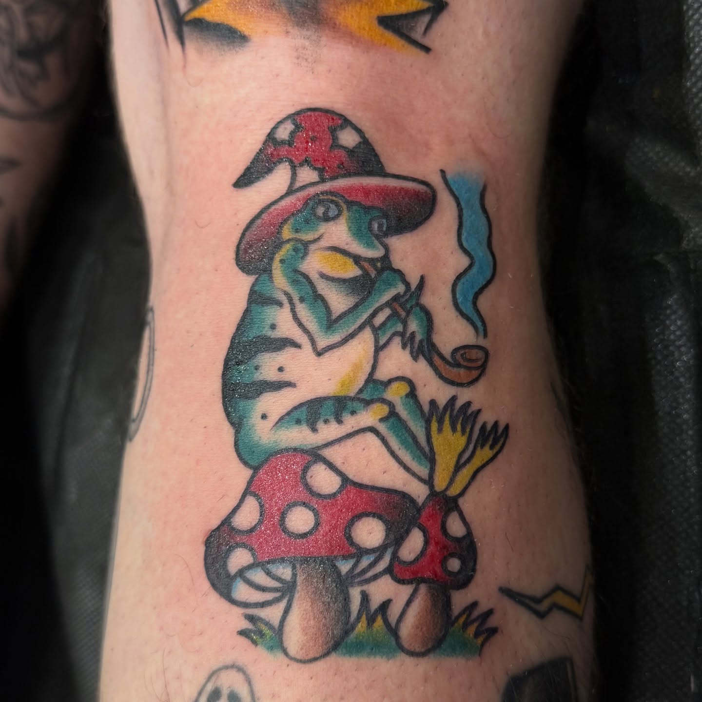 Mushroom character American traditional tattoo on the forearm by Eva, Matawan, New Jersey