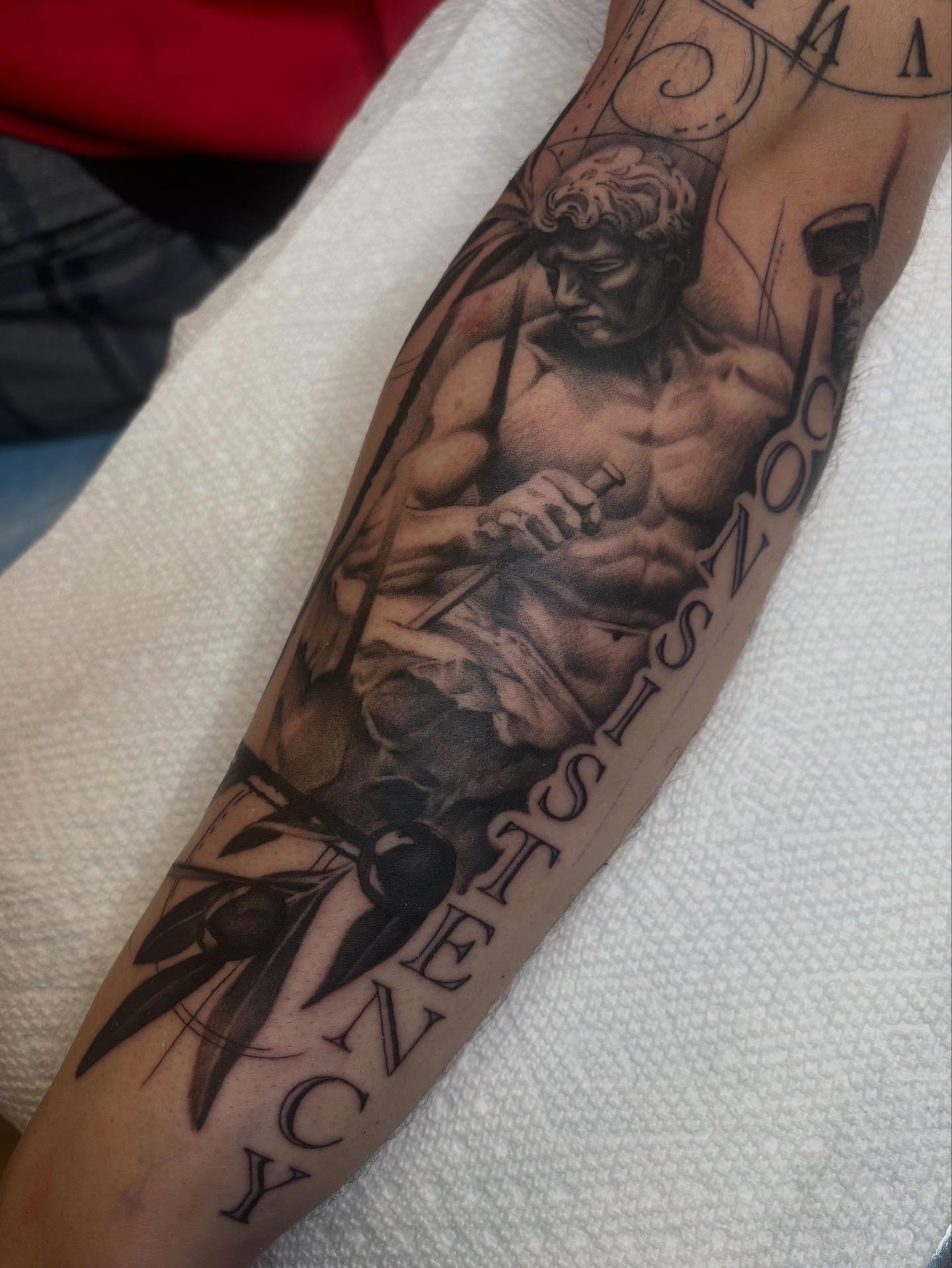 Statue of david realism tattoo on the forearm by š¤Madeline Kristenš¤, Somerset, Wisconsin