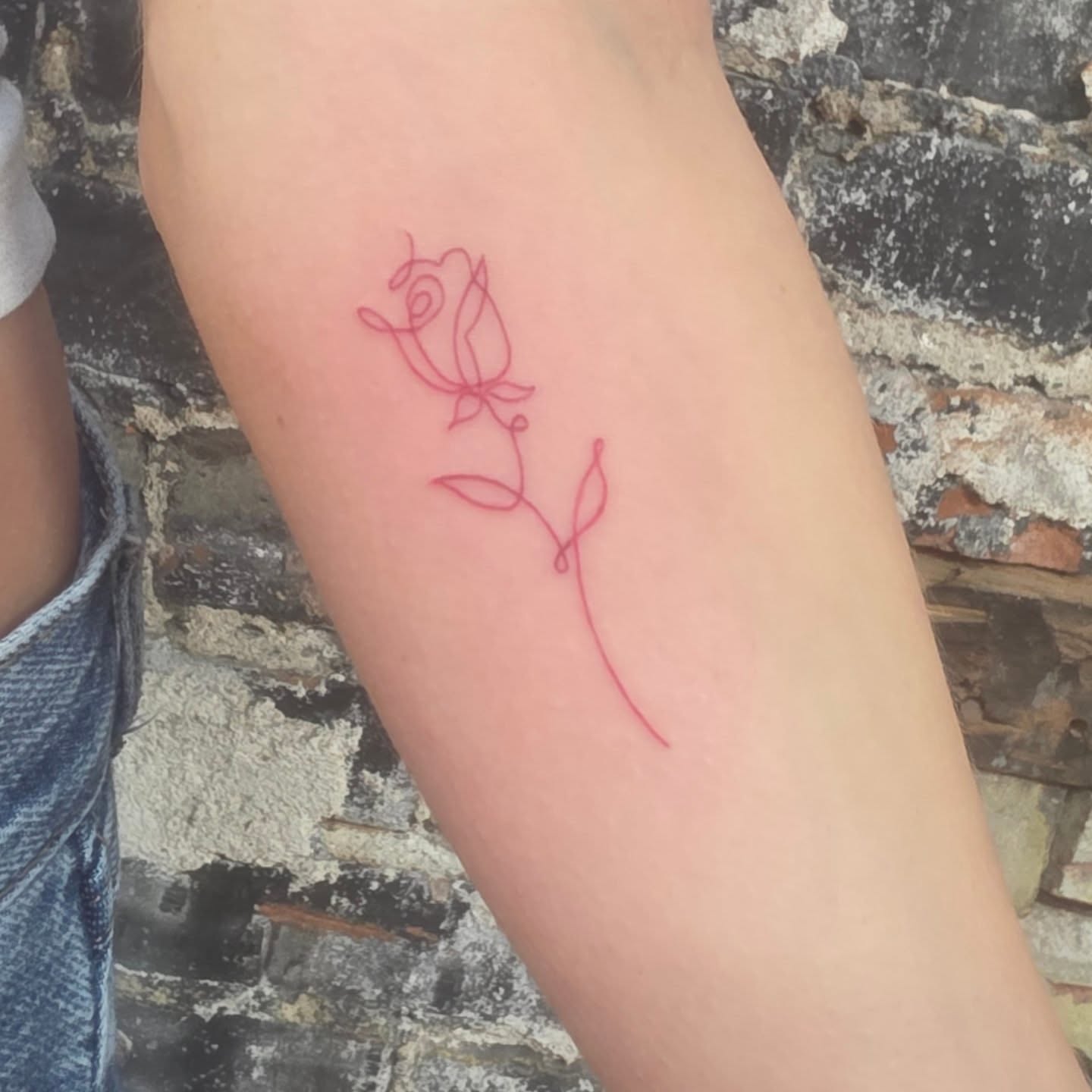 Rose fine line tattoo on the forearm by Tattoos by Annie
