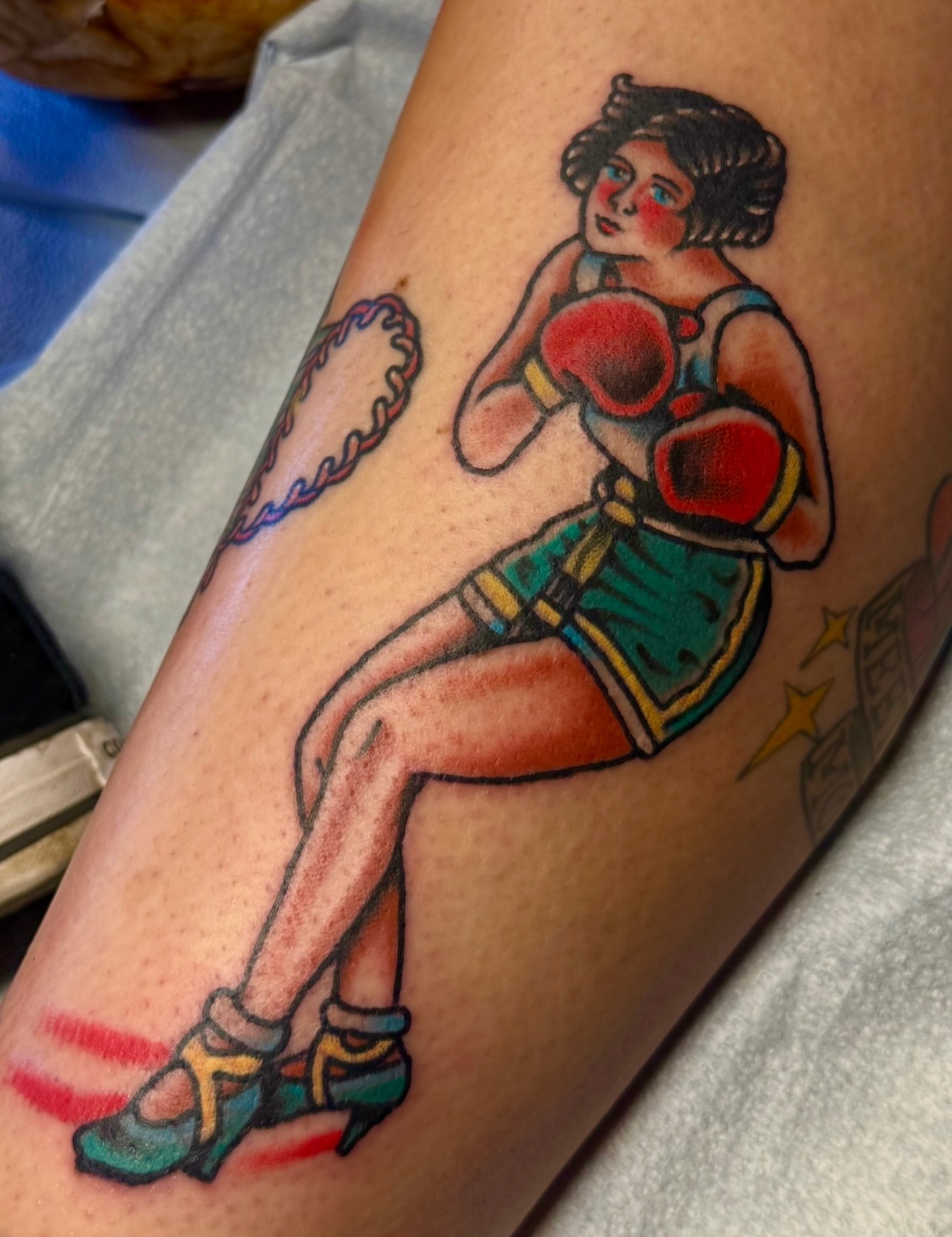 Boxing woman American traditional tattoo on the forearm by Zac Clark