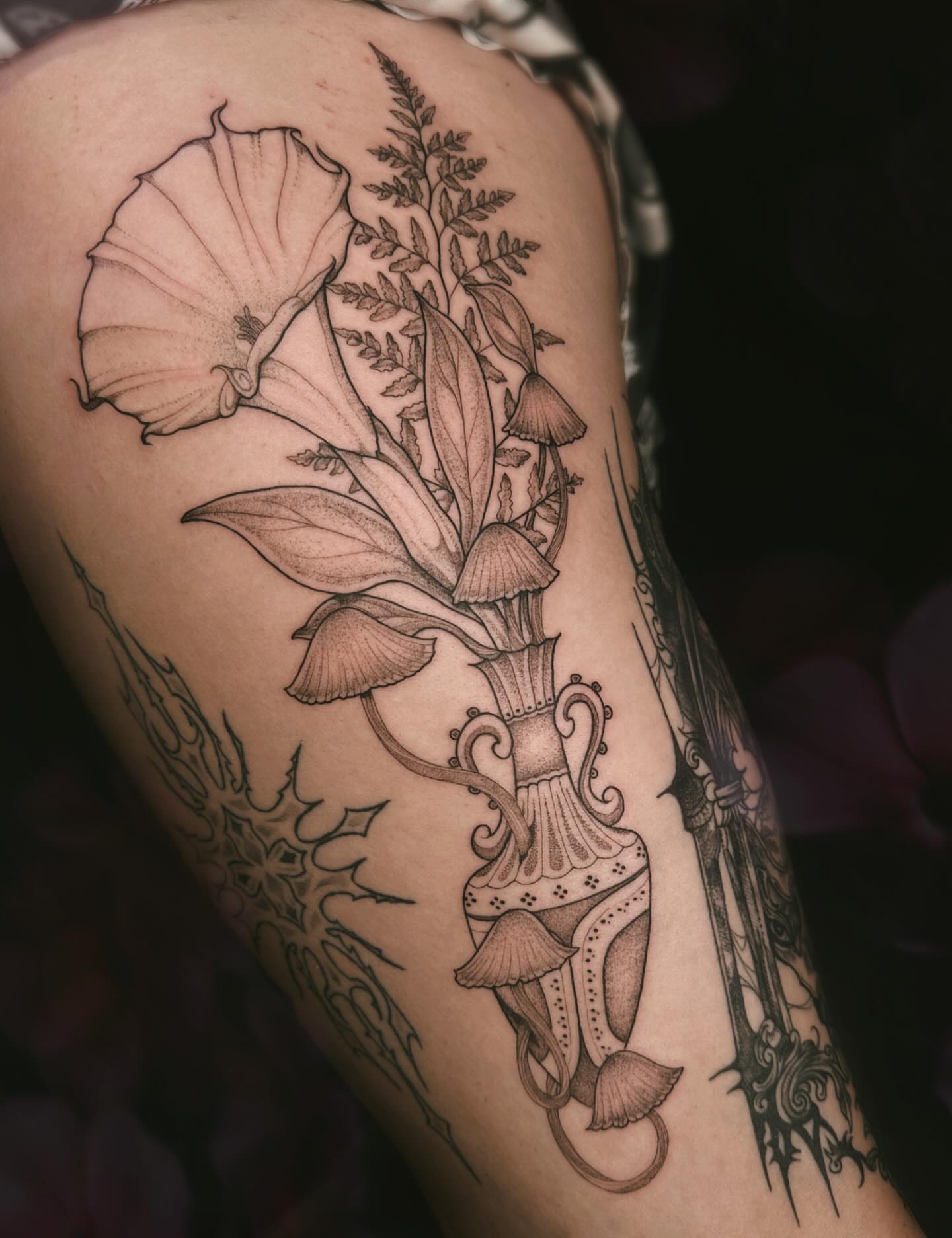 Tattoo by @mushrooomqueen — black_and_grey, realism