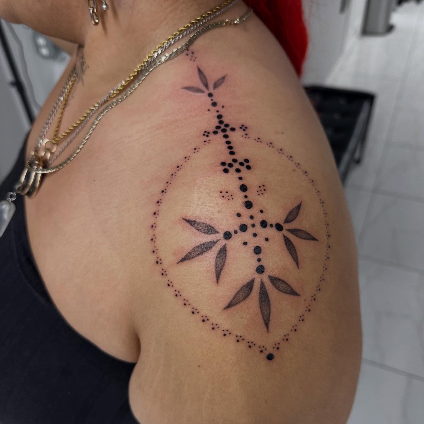 Dotwork geometric design dotwork tattoo on the shoulder by Kerusha (Bay Area Tattoo Artist)