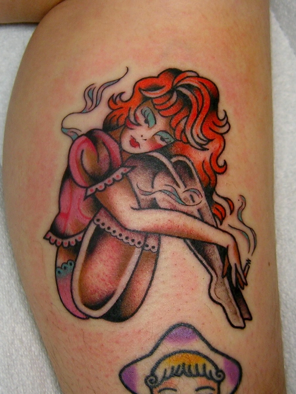 Pin-up girl American traditional tattoo on the thigh by edith🌷, Murfreesboro, Tennessee