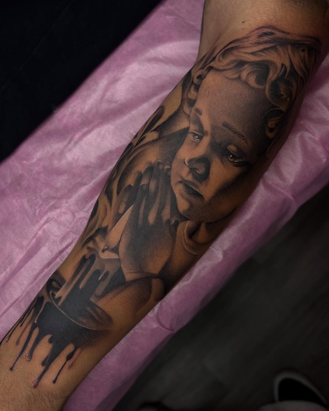 Child praying Chicano tattoo on the forearm by Savana ☆