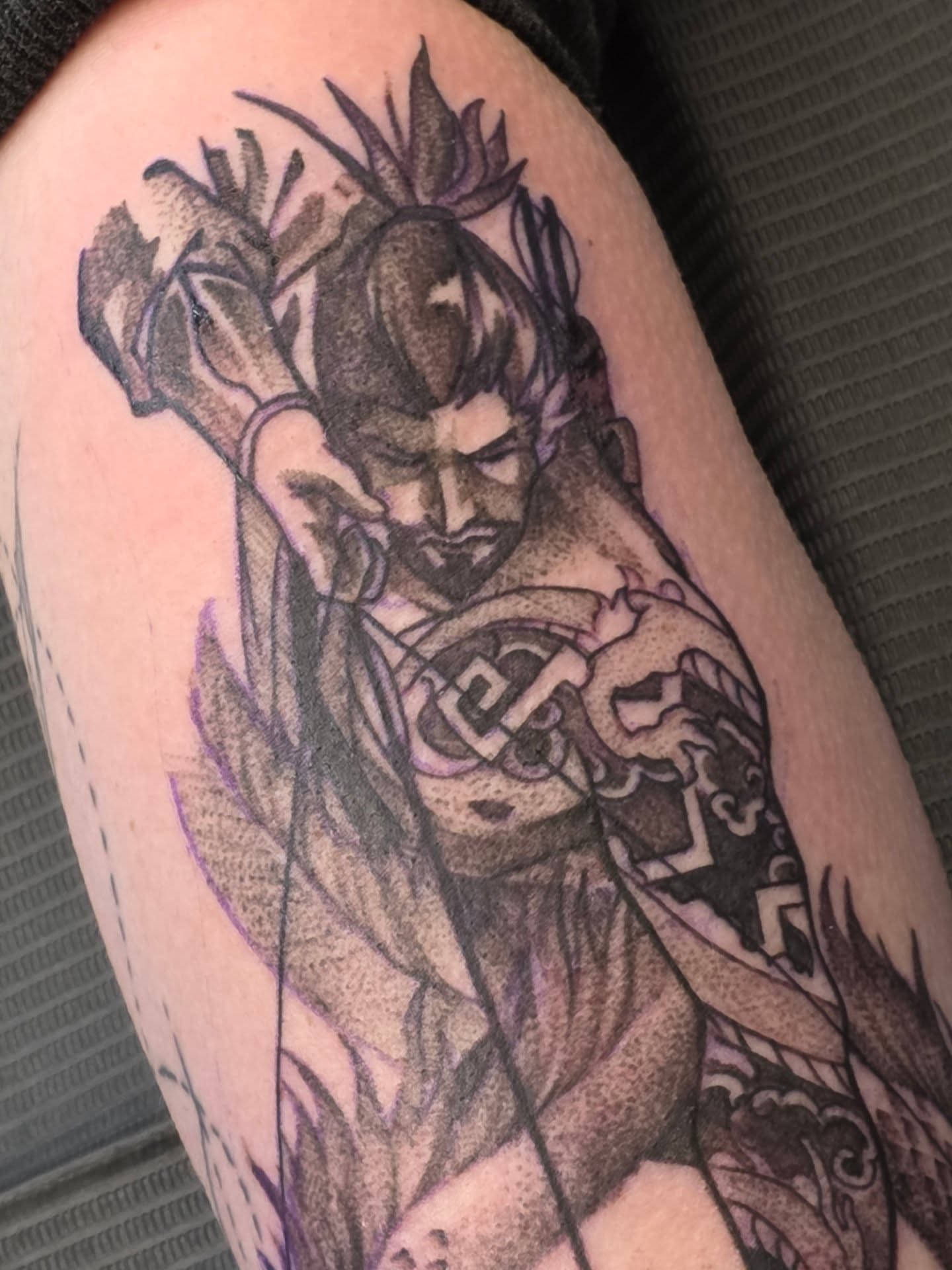 Warrior black and grey tattoo on the upper arm by ✥ Daemon Downing ✥ Kansas Tattoo Artist ✥, Wichita, Kansas
