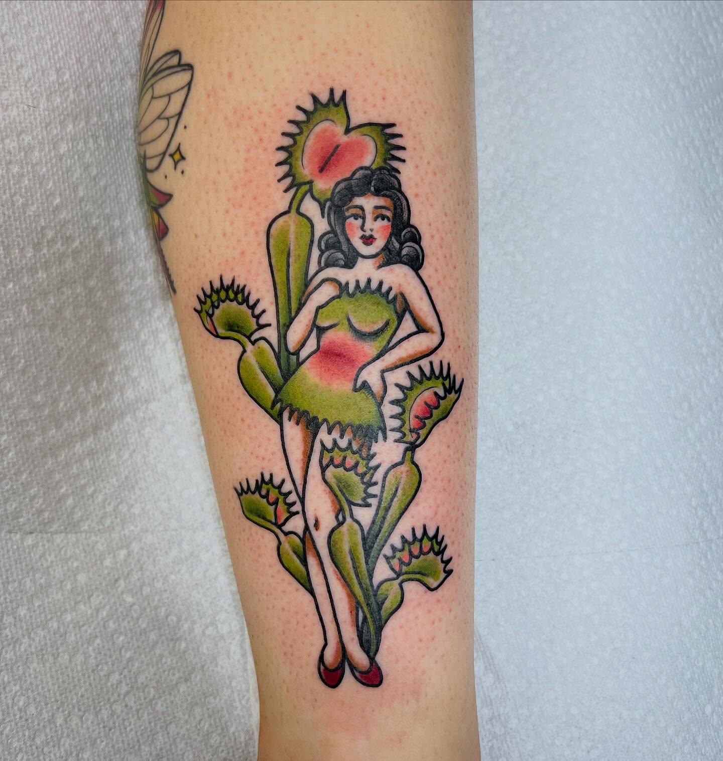 Dinner lady American traditional tattoo on the forearm by Taylor Estrella
