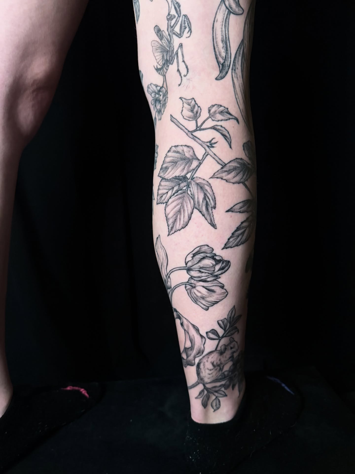 Botanical black and grey tattoo on the forearm by Christel Perkins