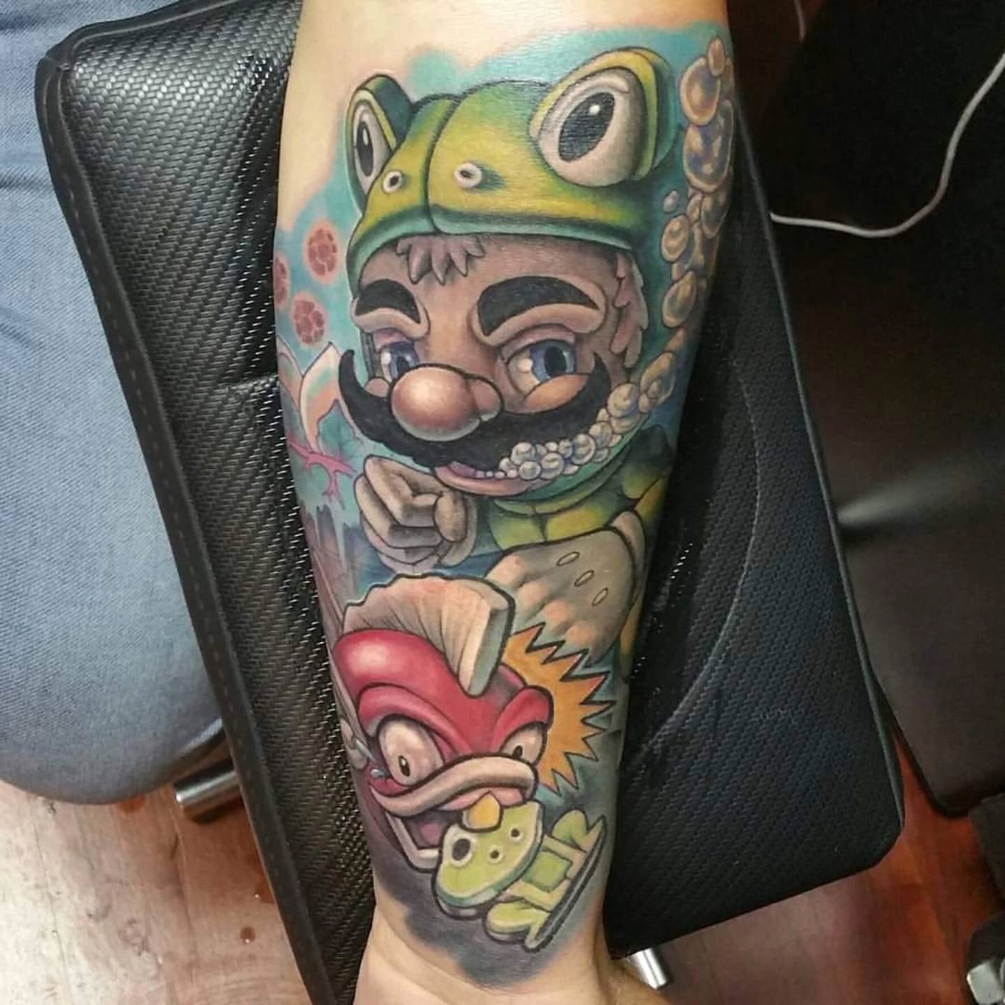 Frog character new school tattoo on the forearm by Chicago Tattoo Artist New School Tattoos, Naperville, Illinois