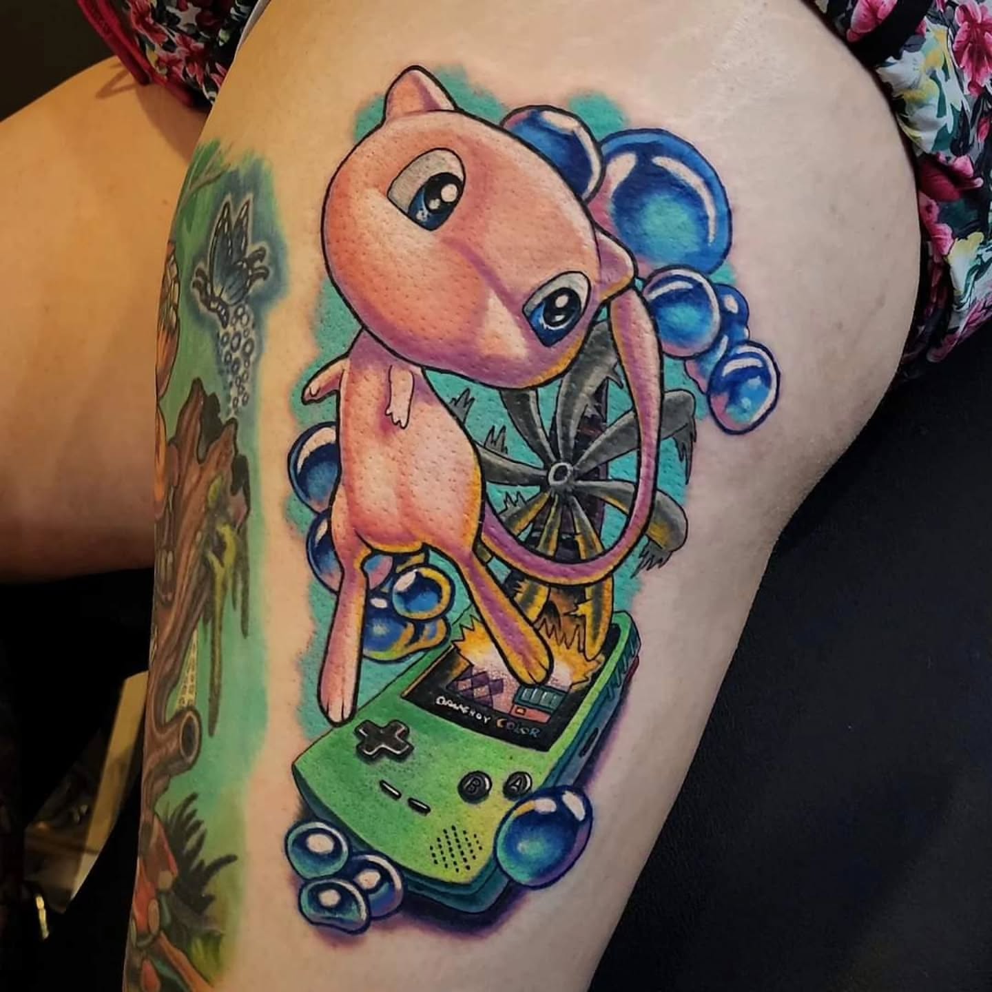 Chibi Jigglypuff American traditional tattoo on the thigh by Chicago Tattoo Artist New School Tattoos, Naperville, Illinois