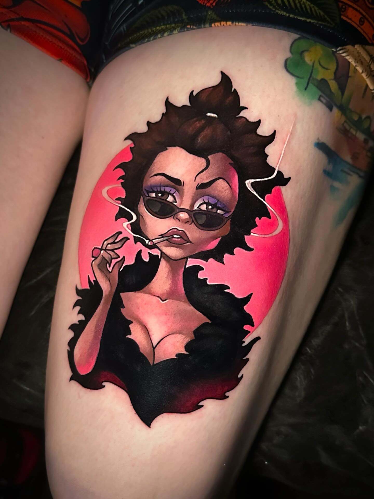 Woman smoking illustrative tattoo on the thigh by Lena Aleksandrova