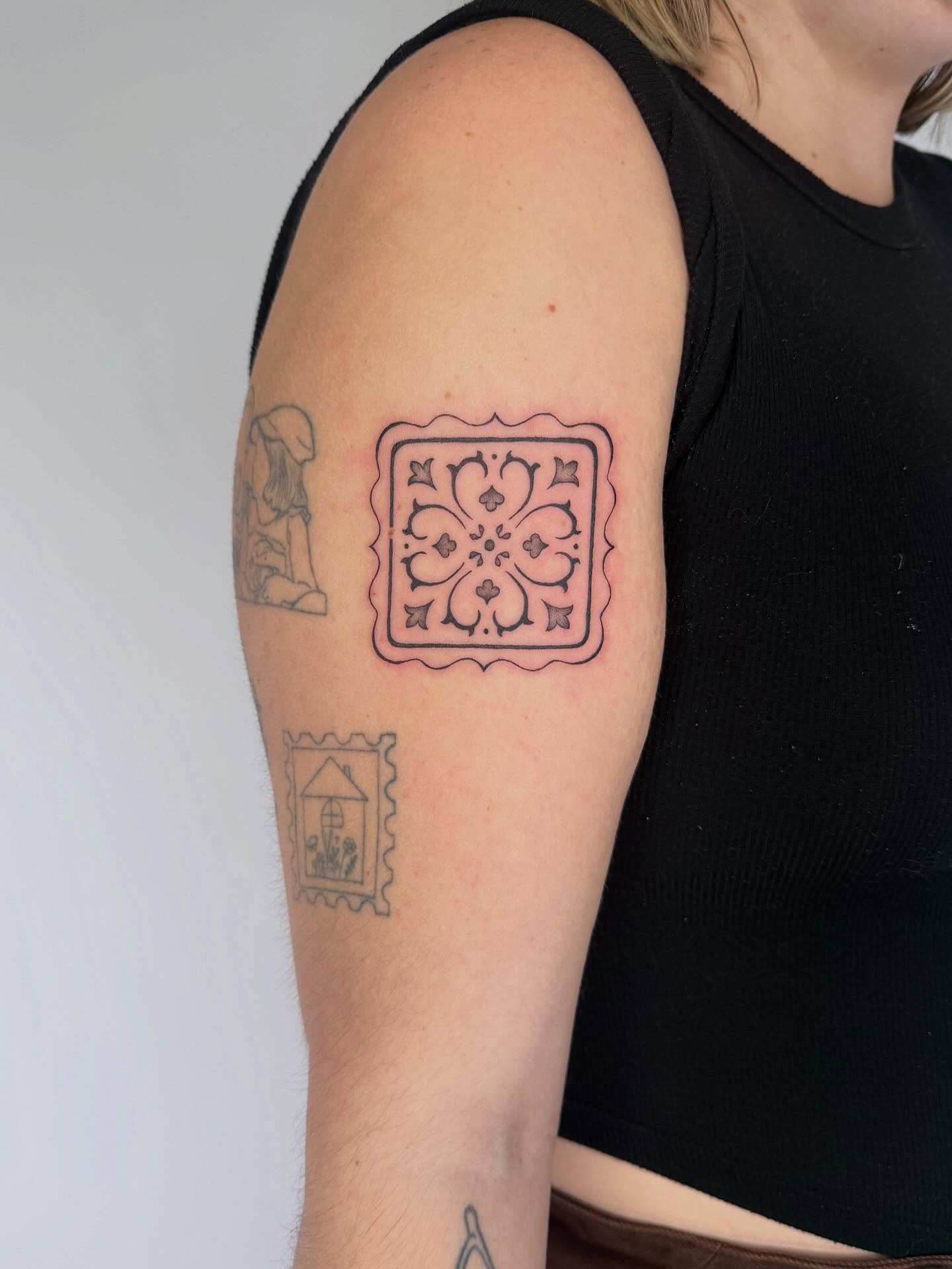 Geometric tile geometric tattoo on the forearm by Leah Ramos