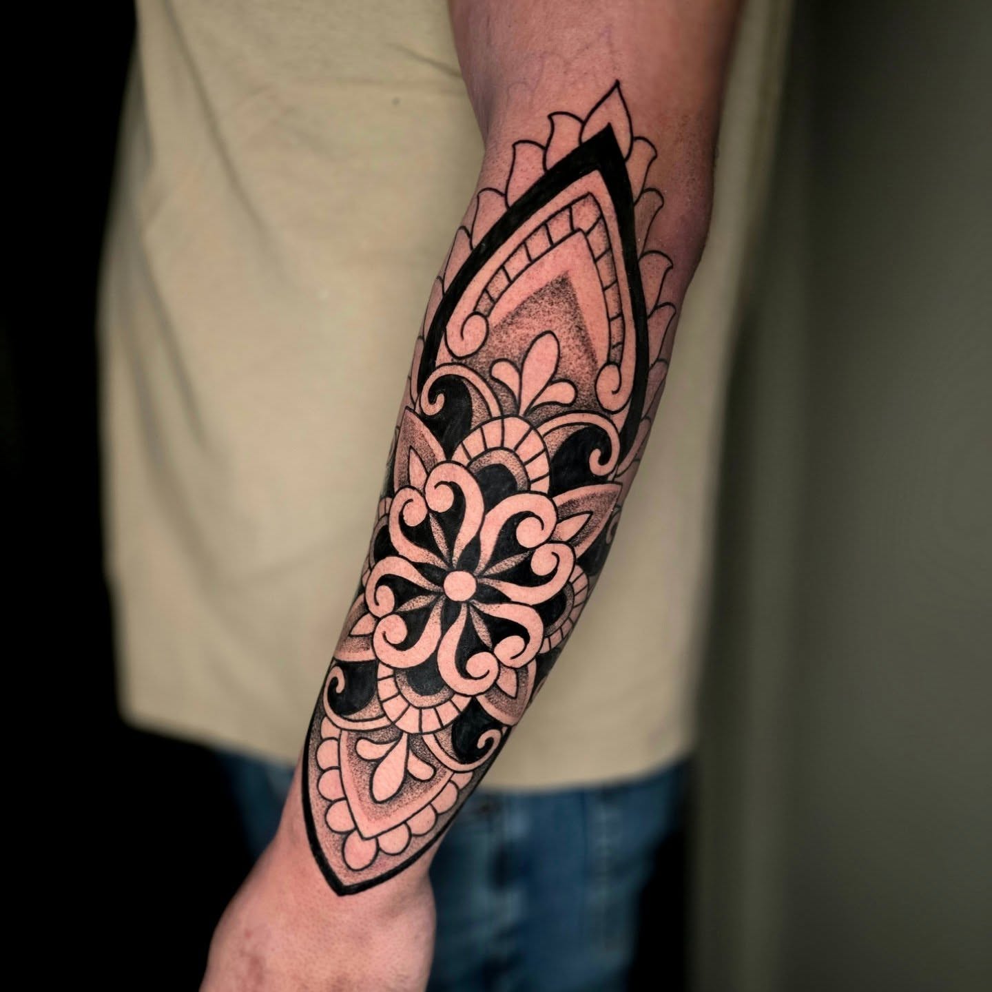 Mandala dotwork tattoo on the forearm by Adison Essig