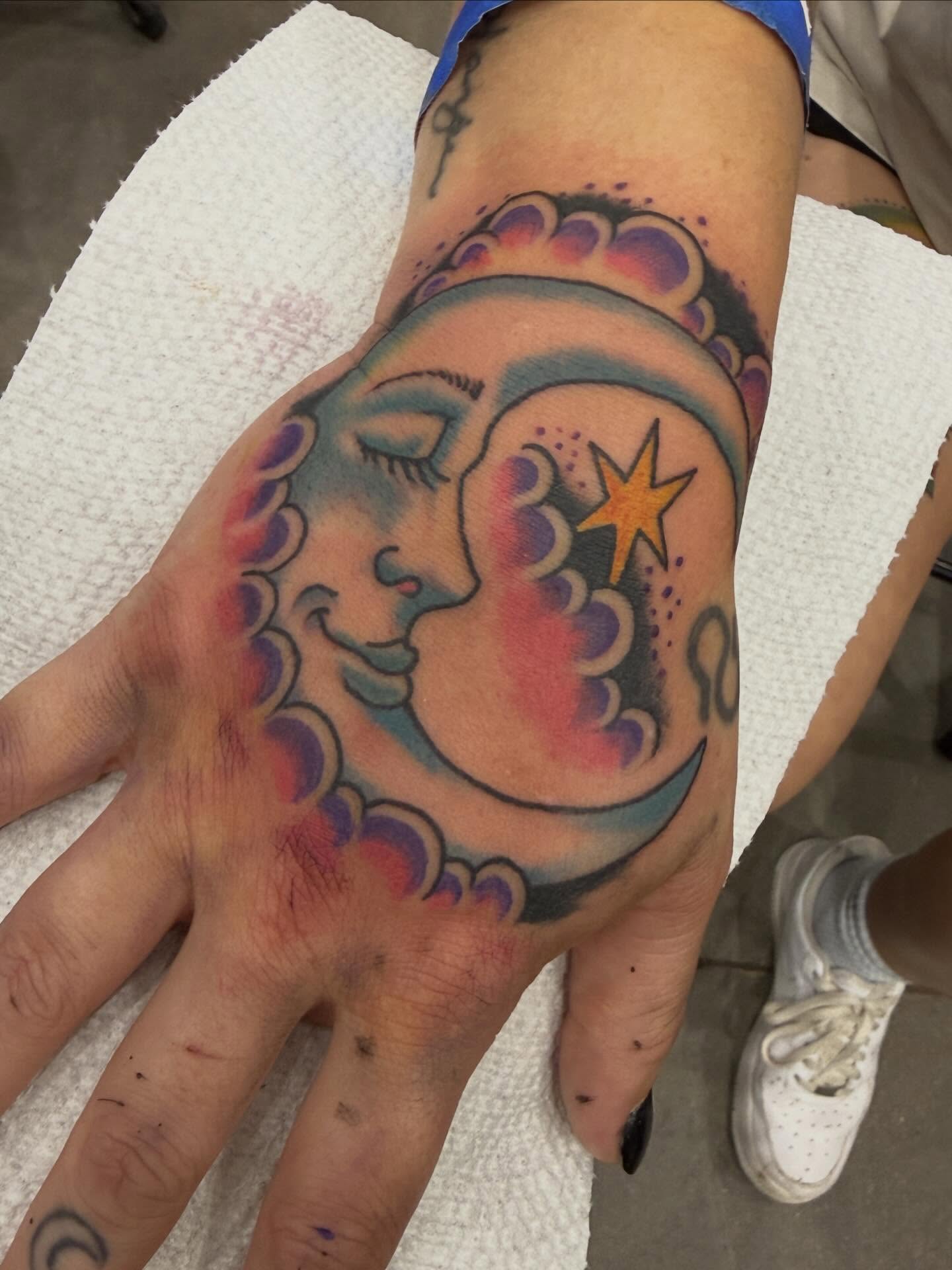 Moon and star American traditional tattoo on the hand by Austin Liebst, Wichita, Kansas