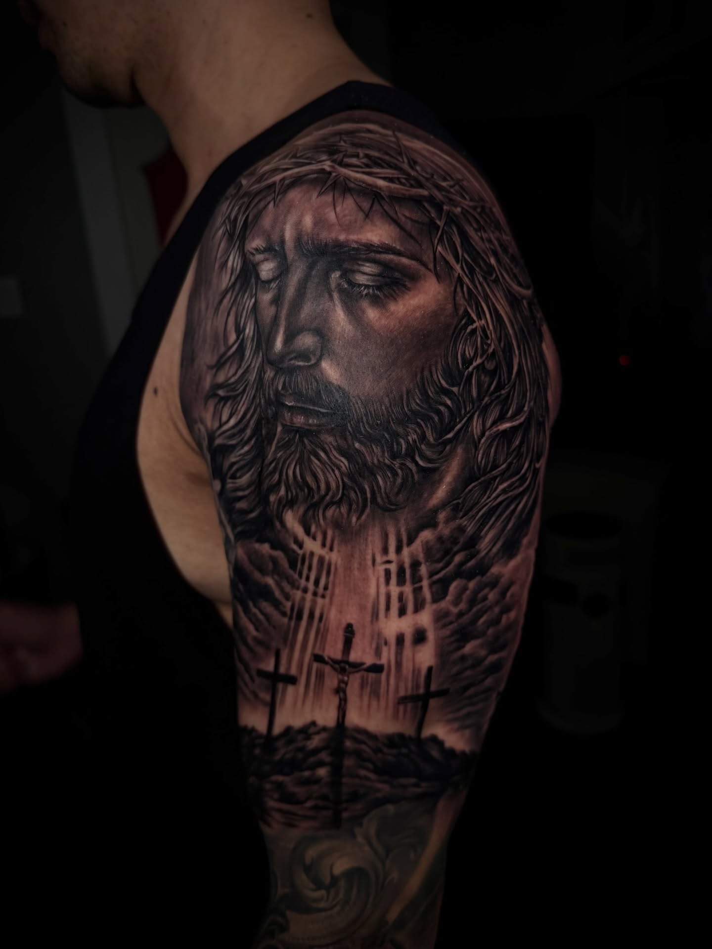 Religious figure realism tattoo on the forearm by John Ayson, Murrieta, California