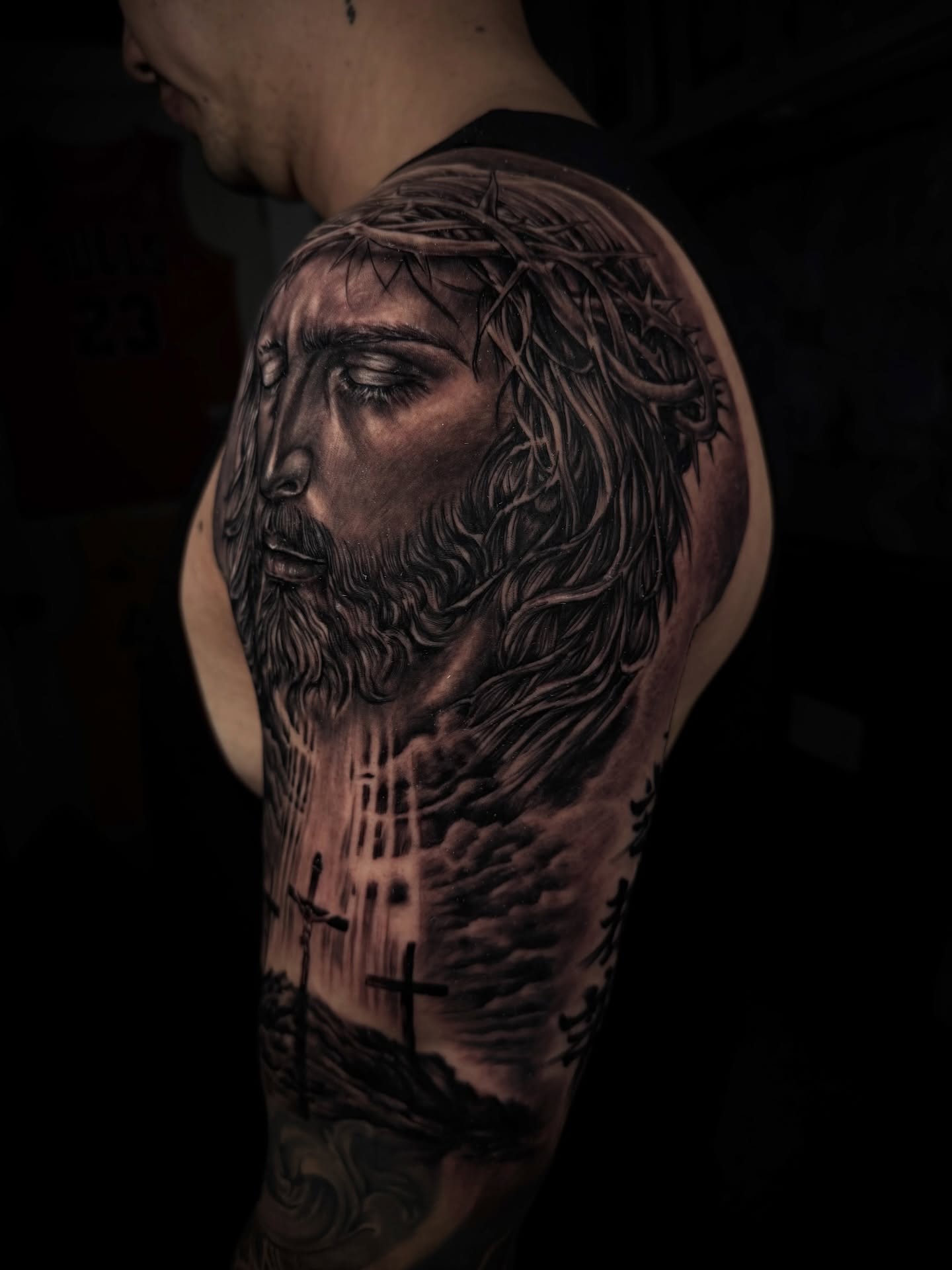 Religious figure realism tattoo on the forearm by John Ayson, Murrieta, California