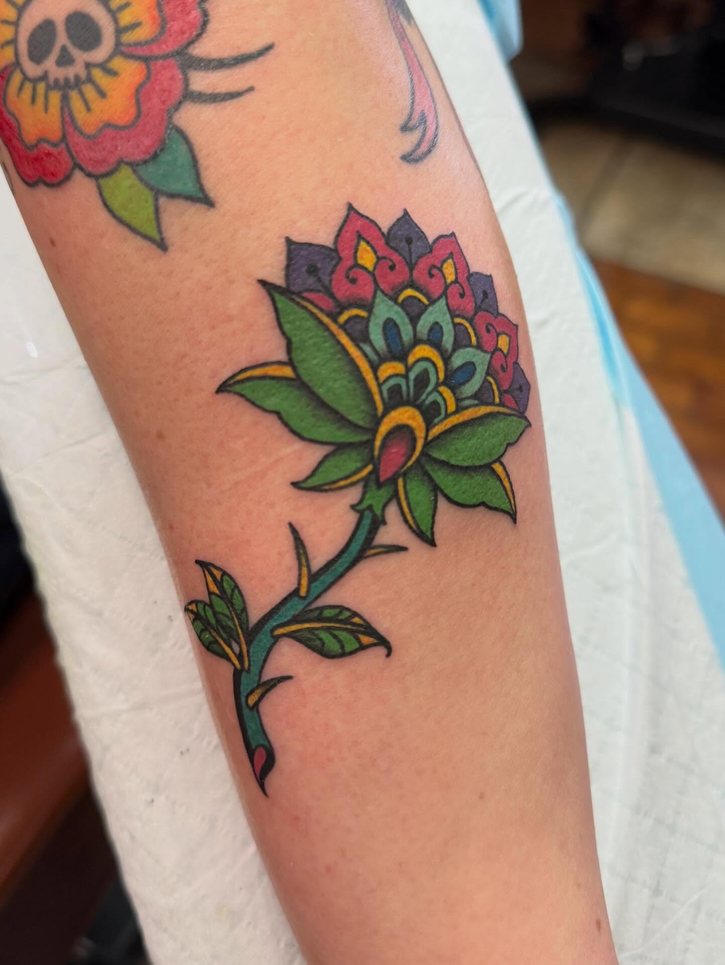 Flower American traditional tattoo on the forearm by Liz Glitz - Philadelphia Tattoo Artist
