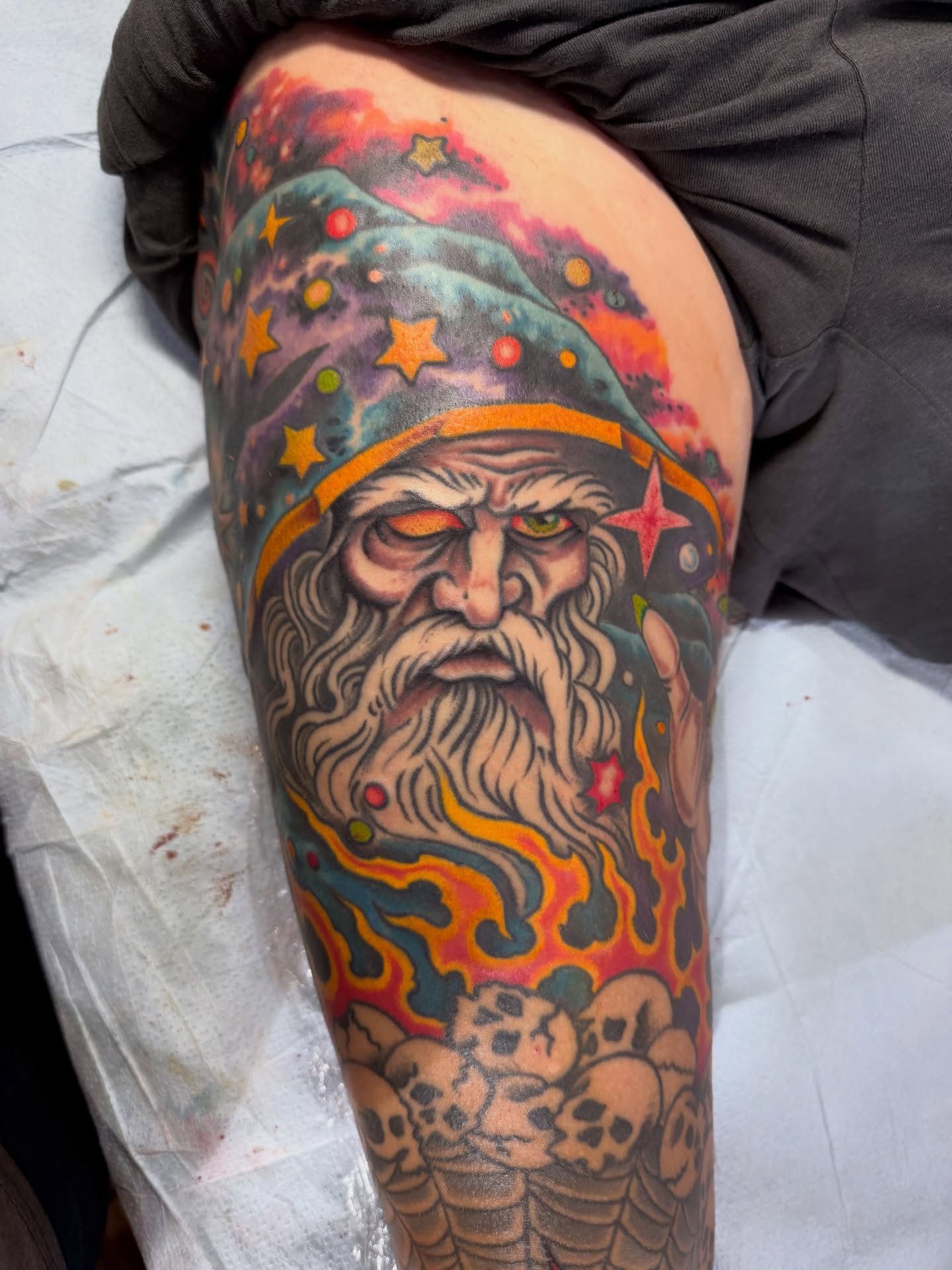 Wizard American traditional tattoo on the thigh by Zak Colburn