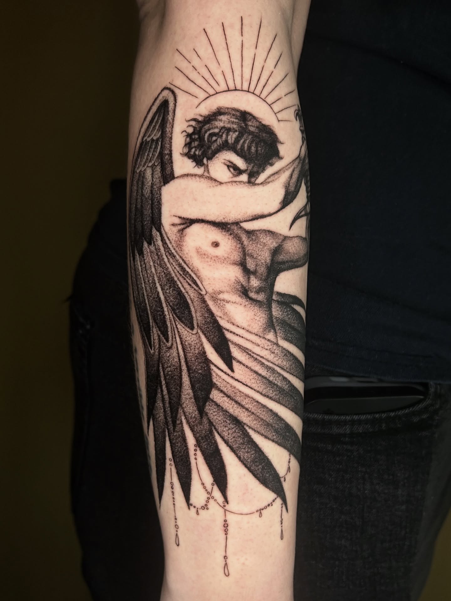 Angel dotwork tattoo on the forearm by Cassy D, Miami, Florida