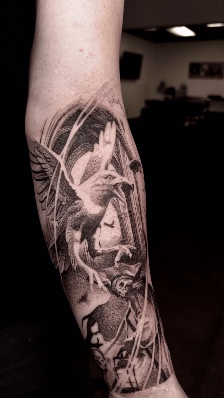 Phoenix in an archway realism tattoo by sacramento tattoo CA
