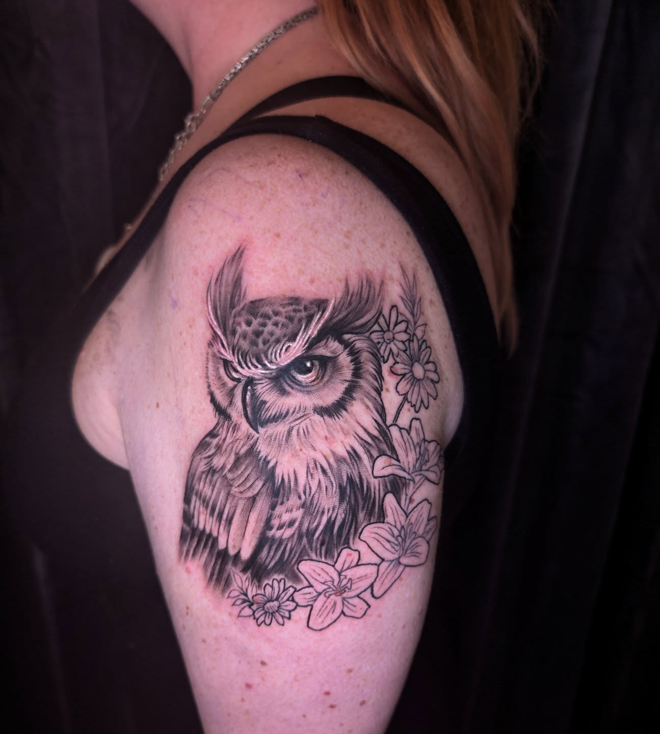 Owl realism tattoo on the shoulder by Ashton Allen-Ruiz, Portland, Oregon