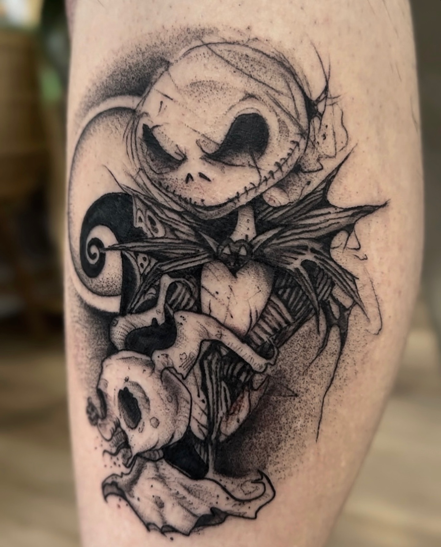 Jack Skellington dotwork tattoo on the forearm by Allexis