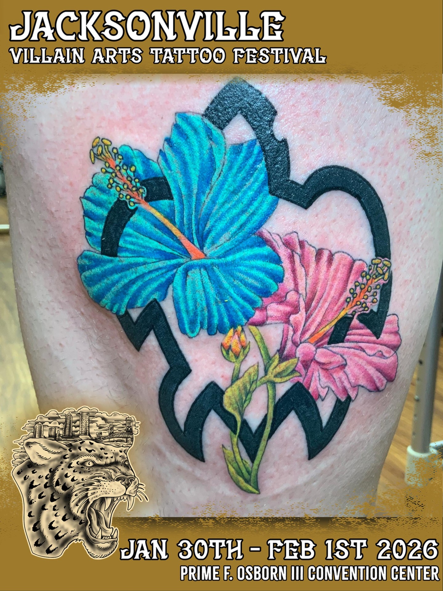 Hibiscus flowers realism tattoo on the thigh by Shane Montie, Killeen, Texas