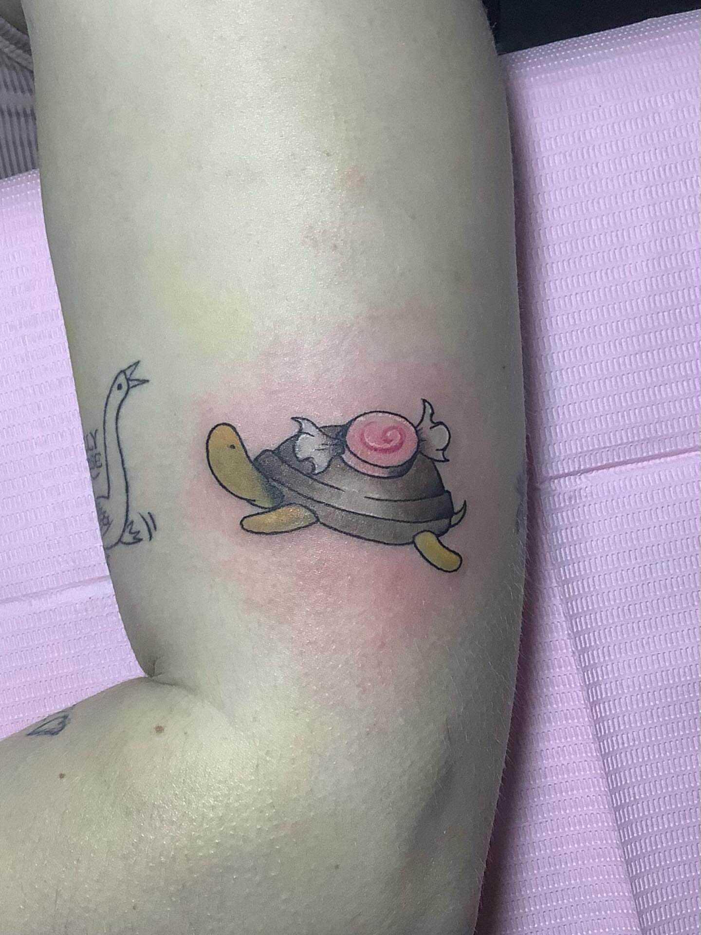 Turtle with snail shell new school tattoo on the forearm by Hannah Hahn