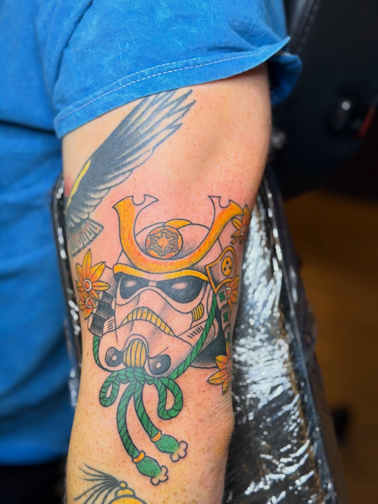 Stormtrooper samurai mask American traditional tattoo on the forearm by Joshua Ware, Alvarado, Texas