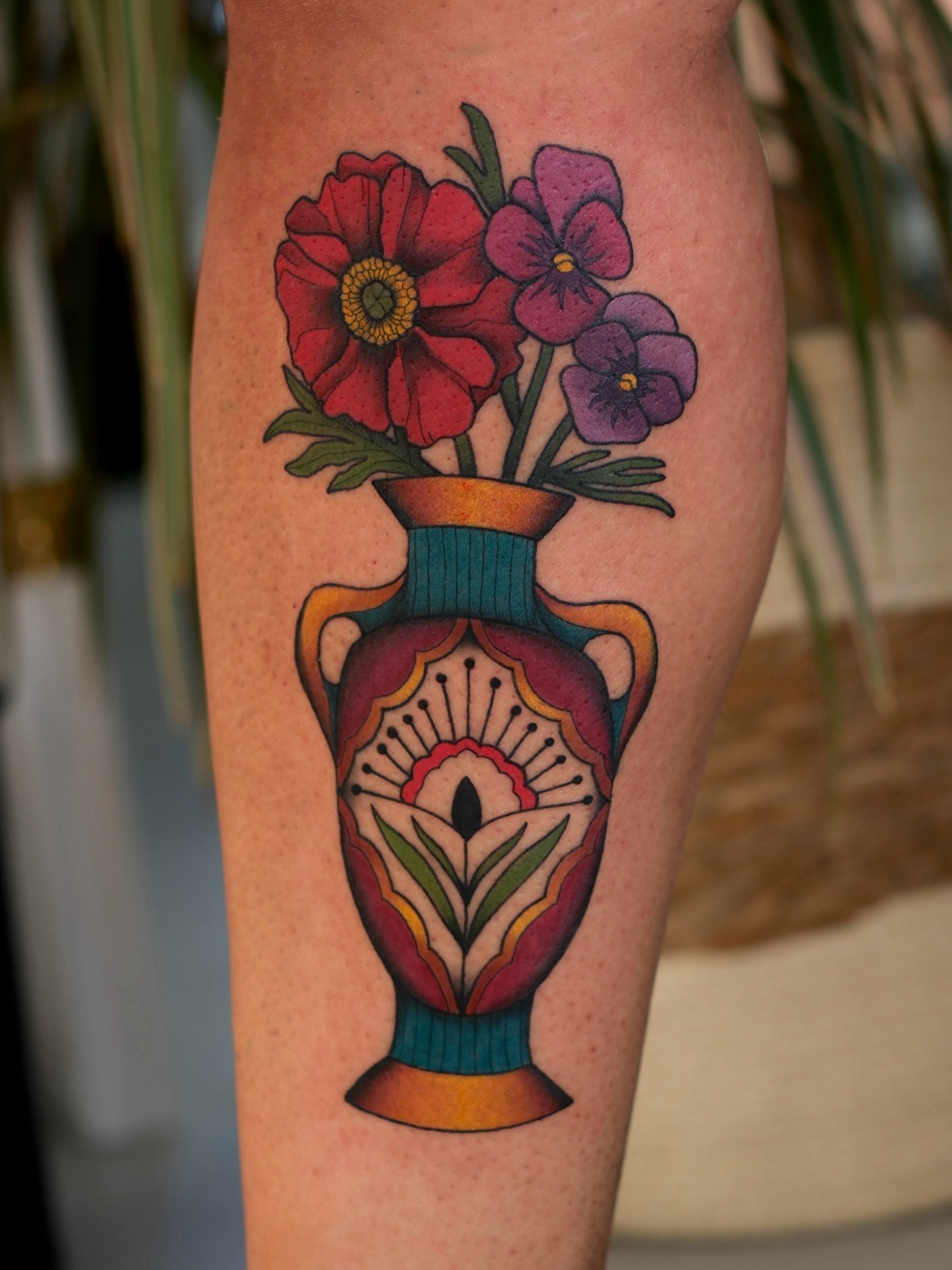 Vase with flowers American traditional tattoo on the forearm by Mallory Murphy, Denton, Texas