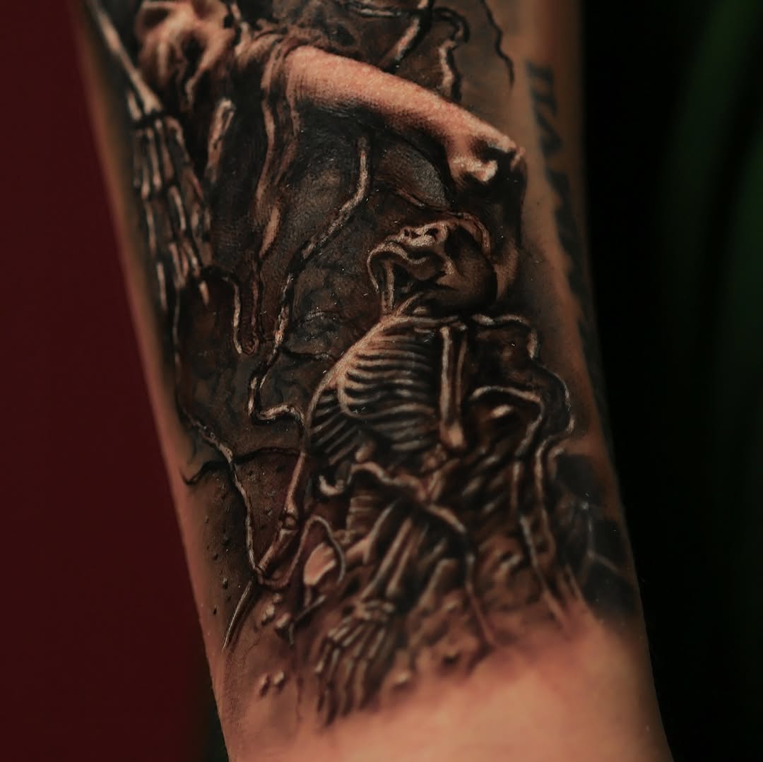 Figure and skeleton realism tattoo on the forearm by Felipe Andrade