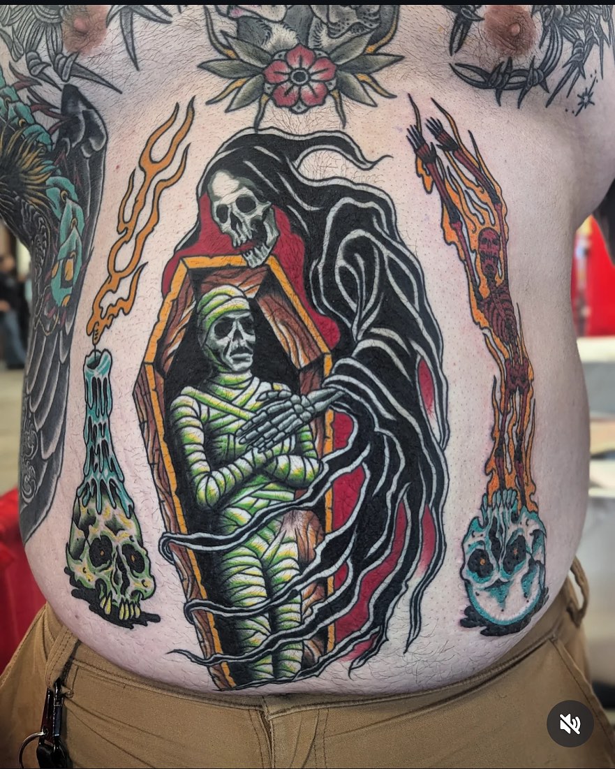 Mummy and reaper American traditional tattoo on the torso by Eric Ward
