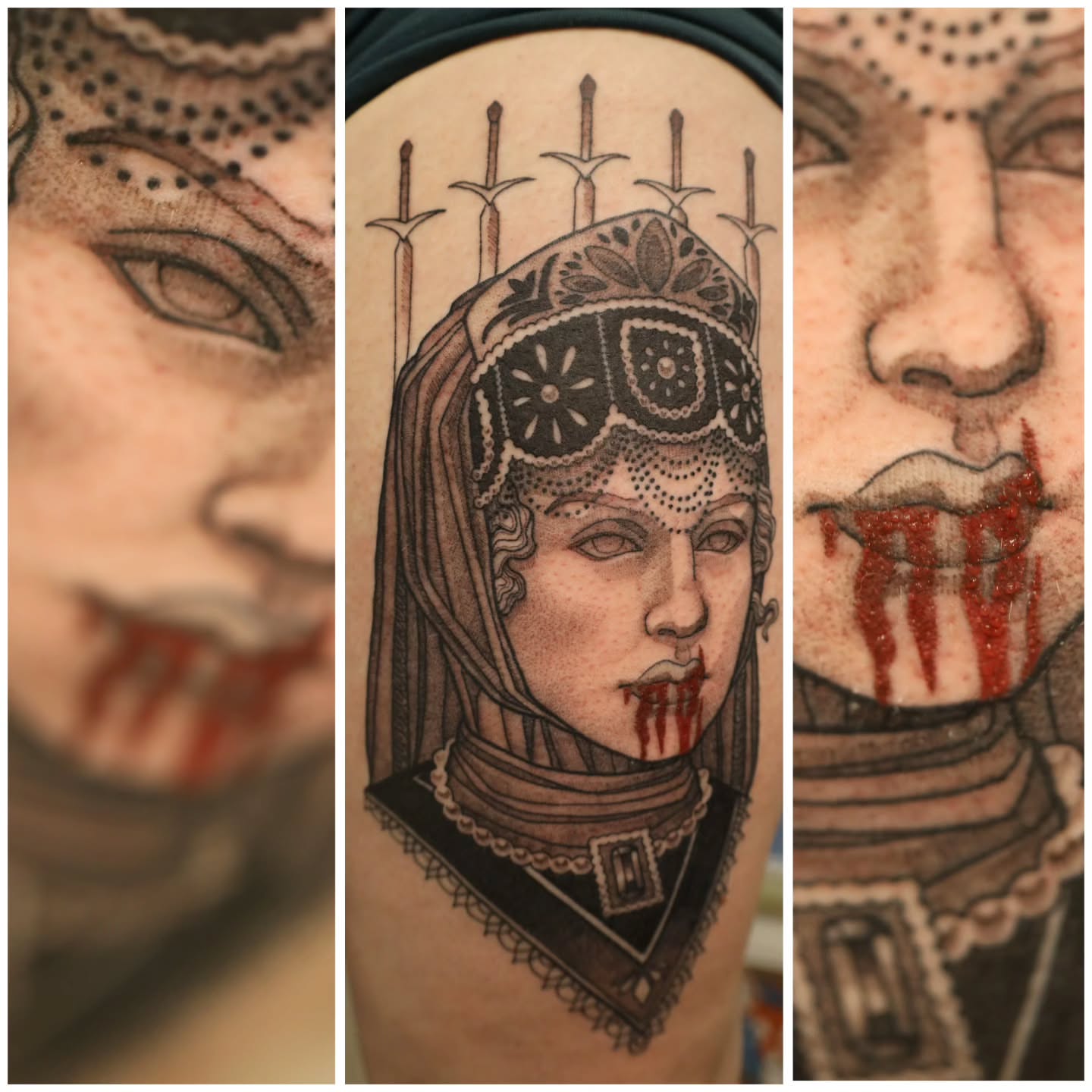 Woman with swords dotwork tattoo on the forearm by Whitney Tiedeman