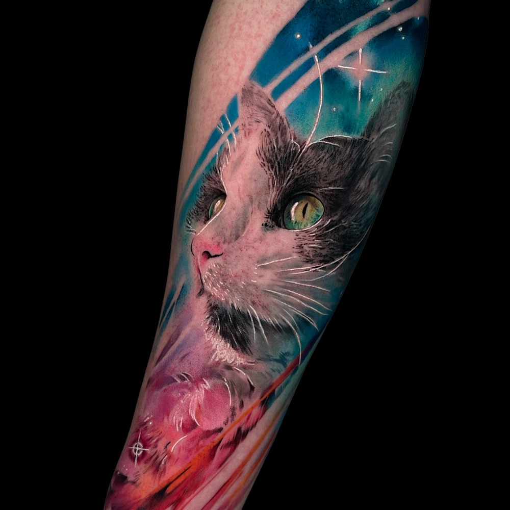 Cat realism tattoo on the forearm by Juan Pablo Molina
