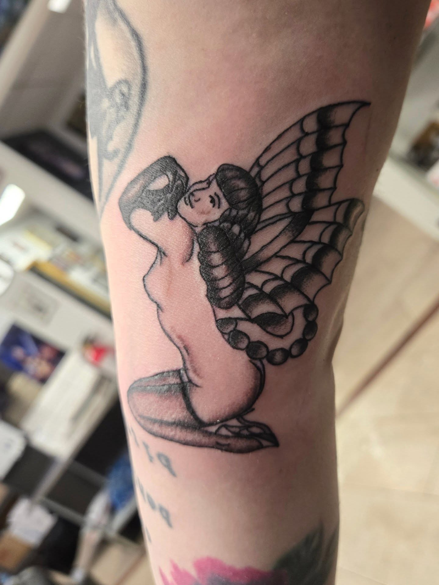 Winged angel American traditional tattoo on the forearm by Jose G. Rubio Tattoo Artist πΊπ²ππ¨π¦