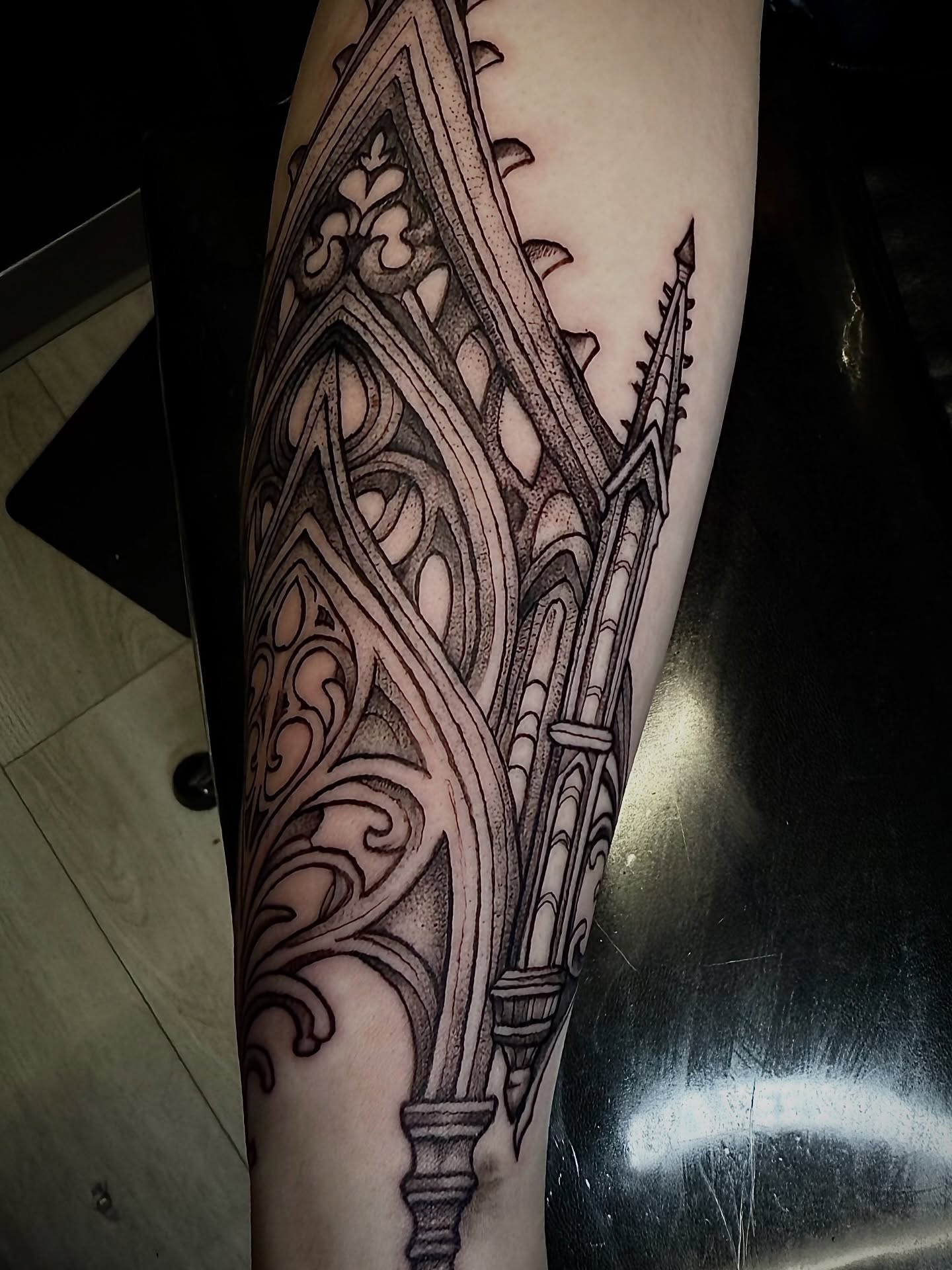 Gothic cathedral ornamental tattoo on the forearm by Jennifer Contreras