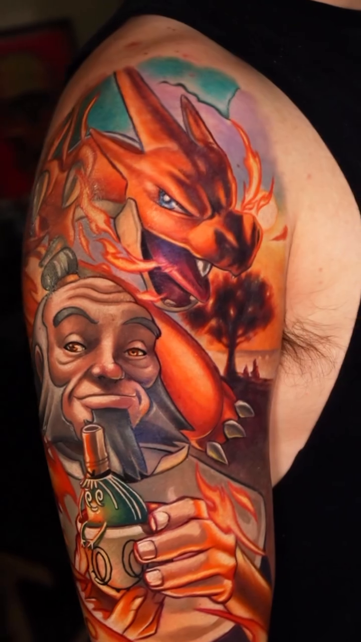Iroh and Charizard anime tattoo by Ben Ochoa