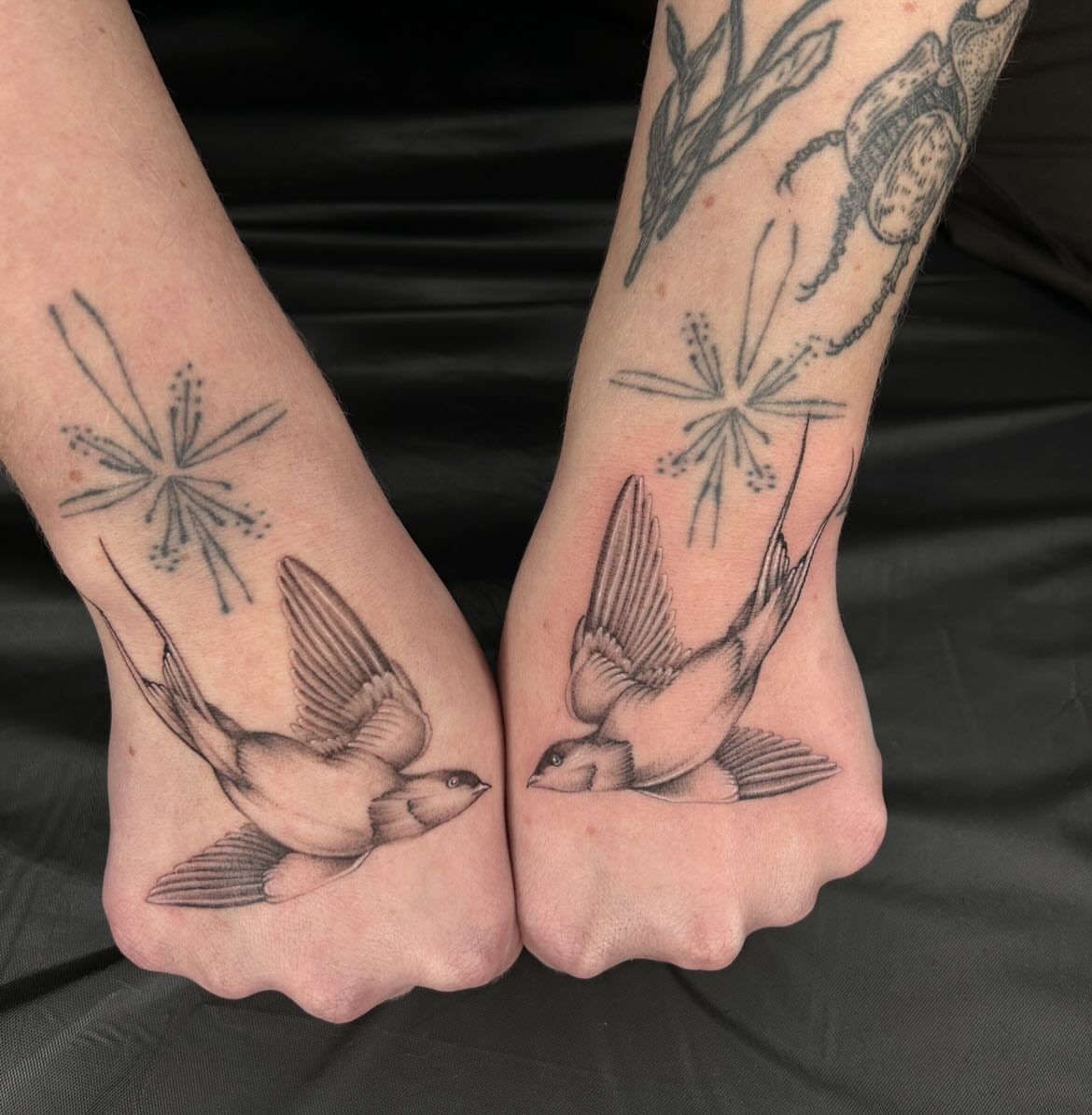 Swallows and flowers realism tattoo on the foot by ✭ Elisa ✭