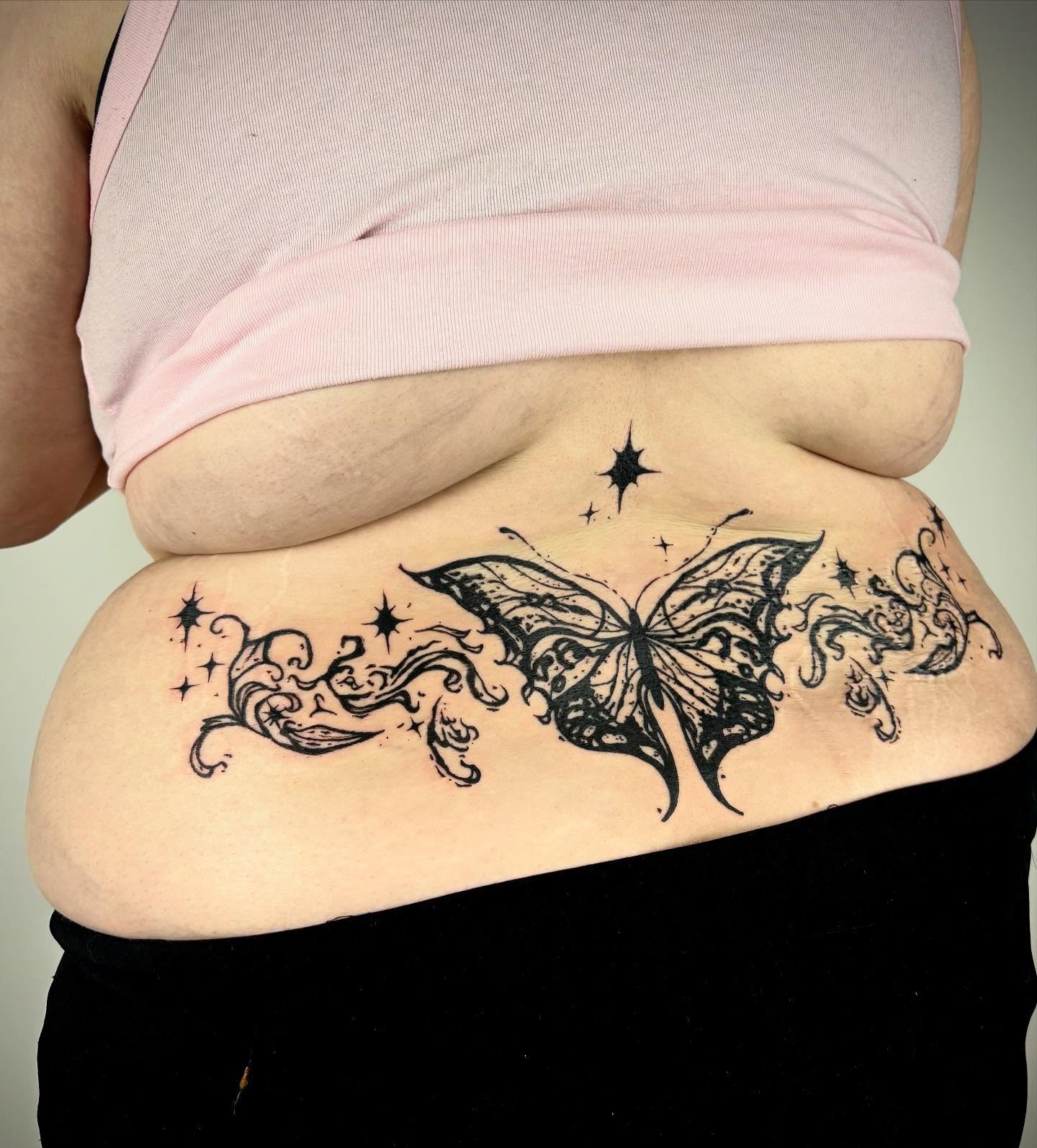 Butterfly black and grey tattoo on the torso by kendle