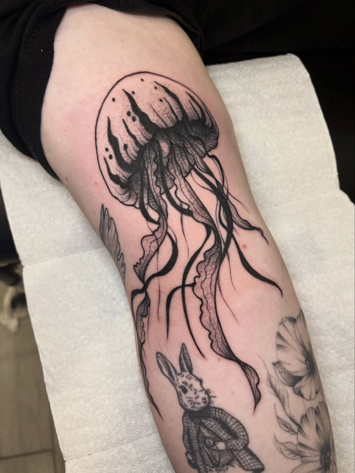 Jellyfish dotwork tattoo on the forearm by Flor, Dallas, Texas