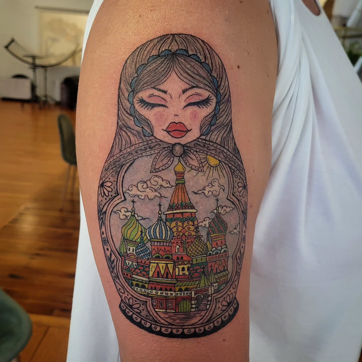 Matryoshka doll illustrative tattoo on the forearm by Solstice Tattoos by Savannah Sadler (future, Salisbury, North Carolina