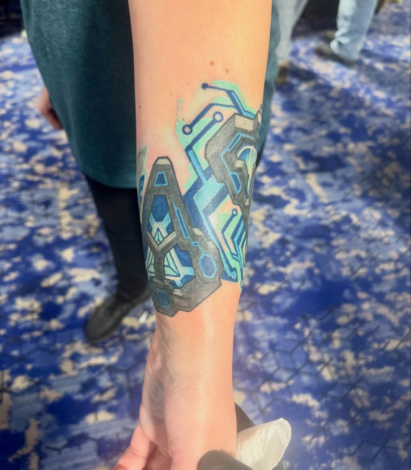 Geometric circuitry geometric tattoo on the forearm by Michael James, Bronx, New York