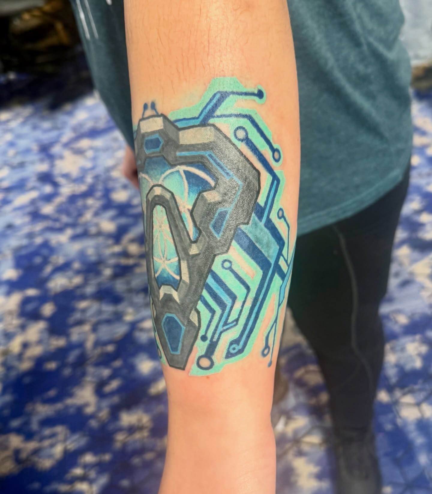 Cyberpunk circuit board geometric tattoo on the forearm by Michael James, Bronx, New York