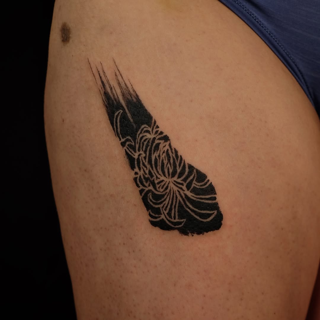 Chrysanthemum sketch tattoo on the shoulder by lela